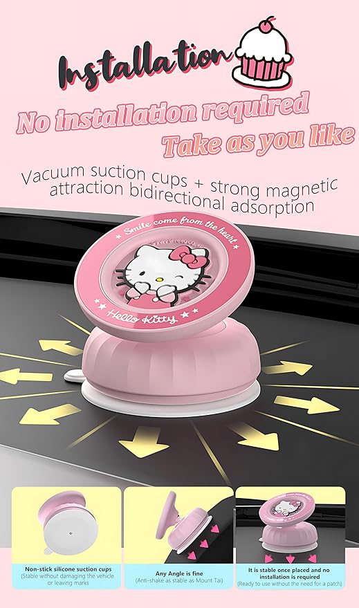 Kitty Magnetic Vacuum Phone Holder, 360° Rotating Pink Magnetic Car Mount, Cute Cat Rotating Holder, Suitable for Cars, Mirrors, Gyms, Kitchens, Hands-Free Portable Phone Holder