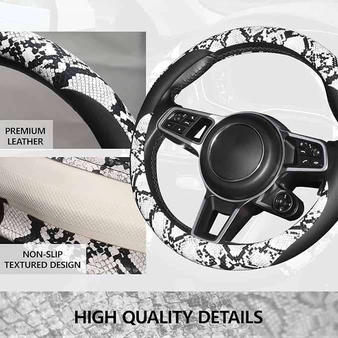 ZHOL Snake Skin Steering Wheel Cover Leather 14.5-15 Inch, Reversible Car Steering Wheel Cover for Women Men, Anti-Slip Design, Universal Fit for Cars, SUVs, Black&White