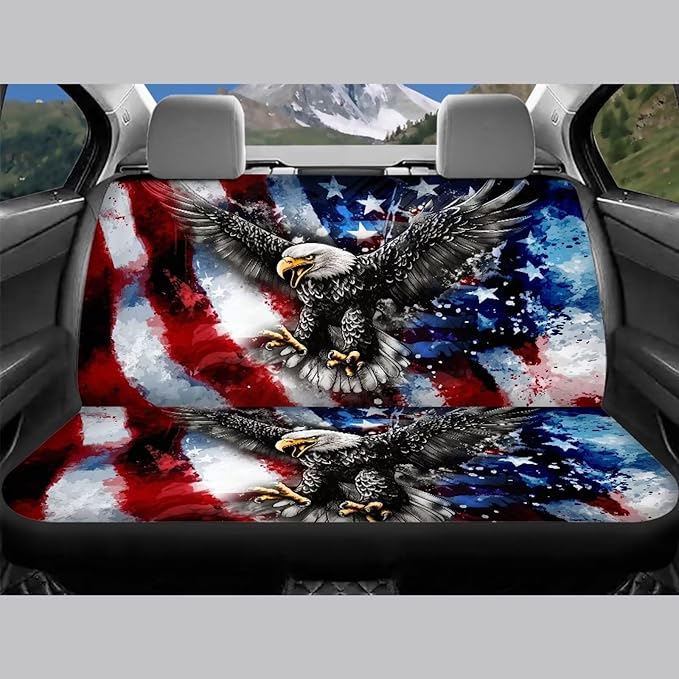 KEIAHUAN Front and Back Car Seat Covers American Flag Eagle Front Seat Cover and Split Rear Bench Seat Cover 4th of July Patriotic Automotive Interior Accessories