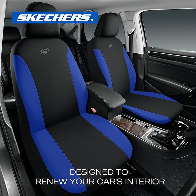 Skechers Seat Covers, Premium Breathable Polyester Car Seat Covers, Car Seat Covers Front Seats Airbag Compatible, Automotive Comfort for Most Cars, Vans, Trucks, SUVs (Two Front, Blue)