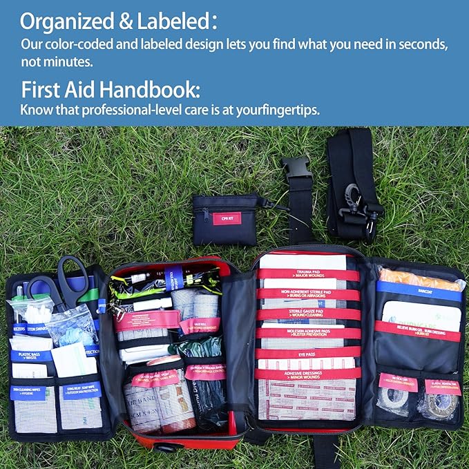 348-Piece Waterproof First Aid Kit- Comprehensive Trauma Kit for Marine/Boating/Camping/Hurricanes, Car & Home Emergency Medical Kits with Labeled Compartments, MOLLE System & CPR Kit
