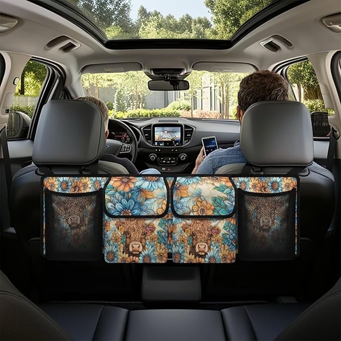 Hippie Floral Highland Cow Trunk Organizer Car Women Large Capacity Car Back Seat Organizer Car Organization with Lid