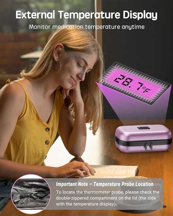 Insulin Cooler Travel Case with Temp Display, 2 x 180g TSA Approved Ice Packs, 9-Layer Insulation for Improved Cooling, Insulin Pen Case, Waterproof, for Daily Use and Trips (Pink)