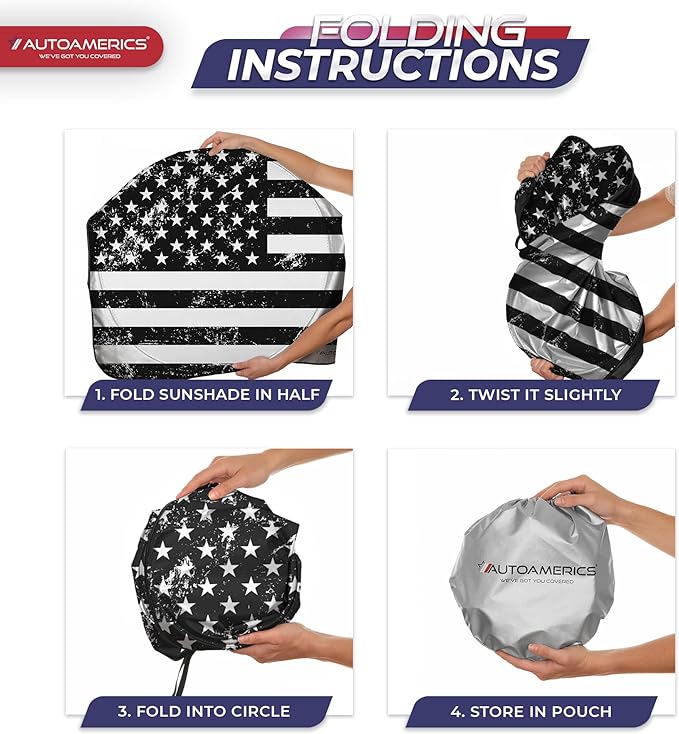 Autoamerics 1-Piece Windshield Sun Shade Grunge B&W American Flag USA Design - Foldable Car Front Window Sunshade for Most Sedans SUV Truck - Blocks Max UV Rays and Keeps Your Vehicle Cool - Medium
