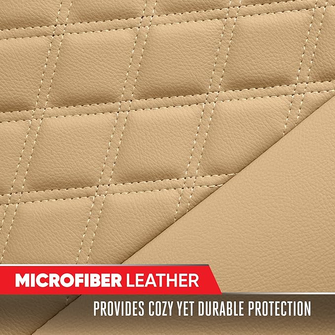 Motor Trend Rear Seat Cushion - Beige Diamond Stitched Faux Leather Rear Seat Cover for Cars, Trucks, SUVs - Padded, Waterproof, Non-Slip Back Seat Cover with Storage Pockets