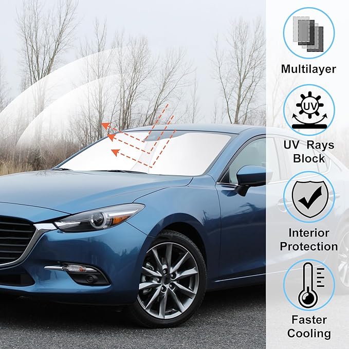 Windshield Sun Shade Custom Fit for 2014 2015 2016 2017 2018 Mazda 3 Accessories Foldable Sunshade Sun Blocker Protect Car from Sun Rays & Heat Damage Keep Car Cooler
