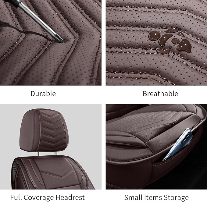Nappa Leather Car Seat Covers Full Set, Brown Car seat Protector 5 Seats, Waterproof Car Seat Cushion, Universal Automotive Seat Covers Fit for SUV Truck Pick-up Sedan, Front and Rear