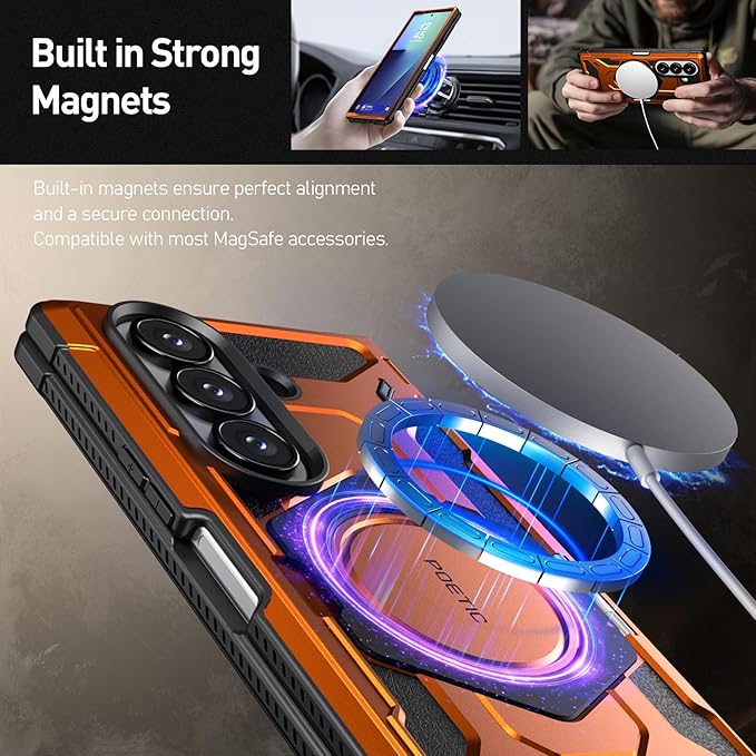 Poetic Spartan for Samsung Galaxy Z Fold 7 Case, [Hinge Protection][Magnetic Ring Adjustable Stand][Built-in Screen Protector][Compatible with MagSafe] Full-Body Rugged Phone Case, Metallic Orange