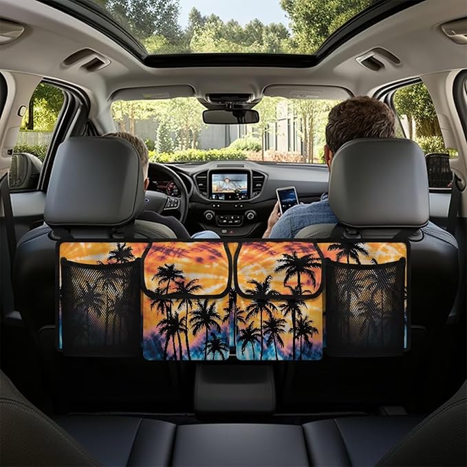 Palm Tree Trunk Hanging Organizer, Backseat Bag, Car Interior Accessories with 2 Pockets & 2 Mesh Pouches for Groceries Storage Space for SUV, Jeep, MPVs