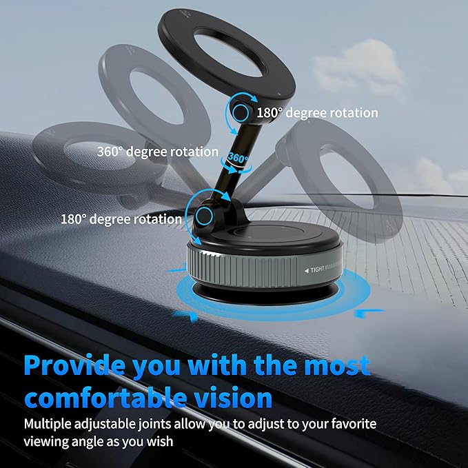 Vacuum Car Phone Holder Magnetic with 24 Mags, 360-Degree Adjustable Suction Cup Mount, Rotary Suction & Release for Easy Storage, Compatible with MagSafe & Magnetic Cases, Black