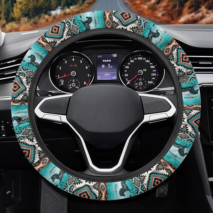 SEANATIVE Car Steering Wheel Protector Cover Aztec Horse Print Automotive Universal Steering Wheel Cover, Car Accessior, Easy to Disassemble