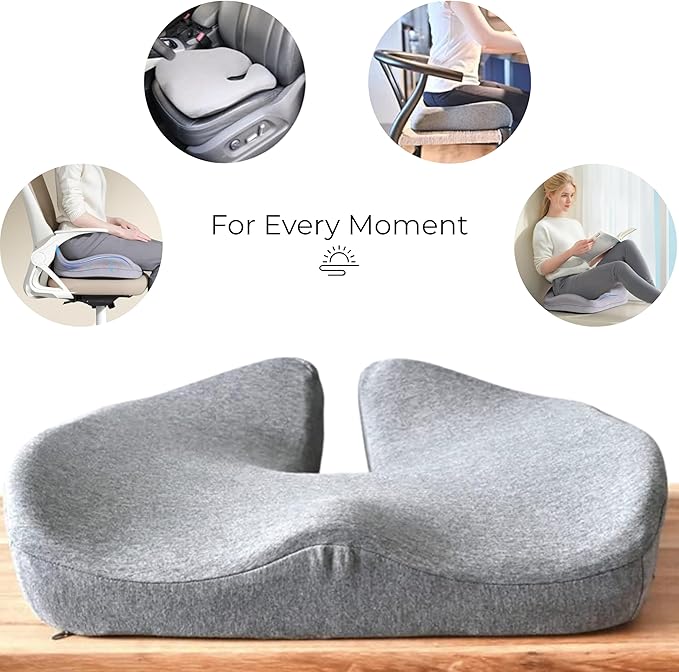 Seat Cushion, Office Chair Cushion for Sciatica, Coccyx Cushion, Ergonomic Memory Foam Seat Cushion for Car, Home, Pressure Relief Pad for Hip, Tailbone, All Day Comfort - Gray