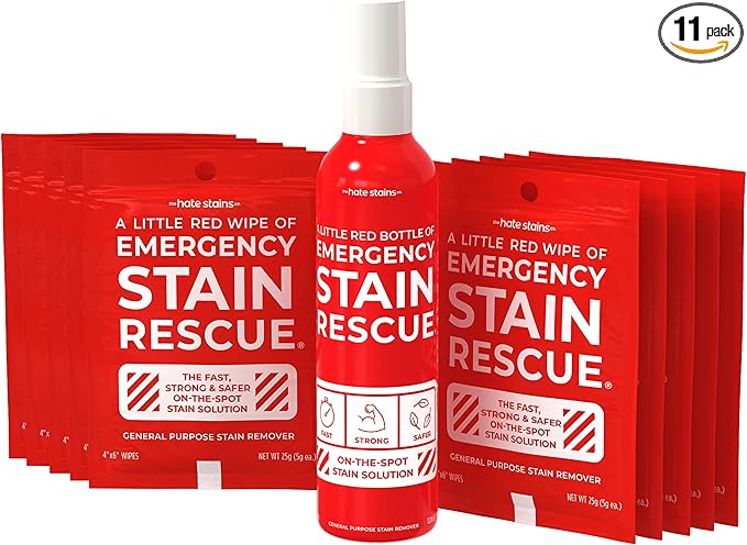 Emergency Stain Rescue Stain Remover Spray - Wine & Coffee Stain Removal - On-the-Go Wipes for Carpets & Upholstery - No Added Phosphates Fabric Spot Remover - 0.36 Fl Oz Spray & 10 Wipes (11 Count)