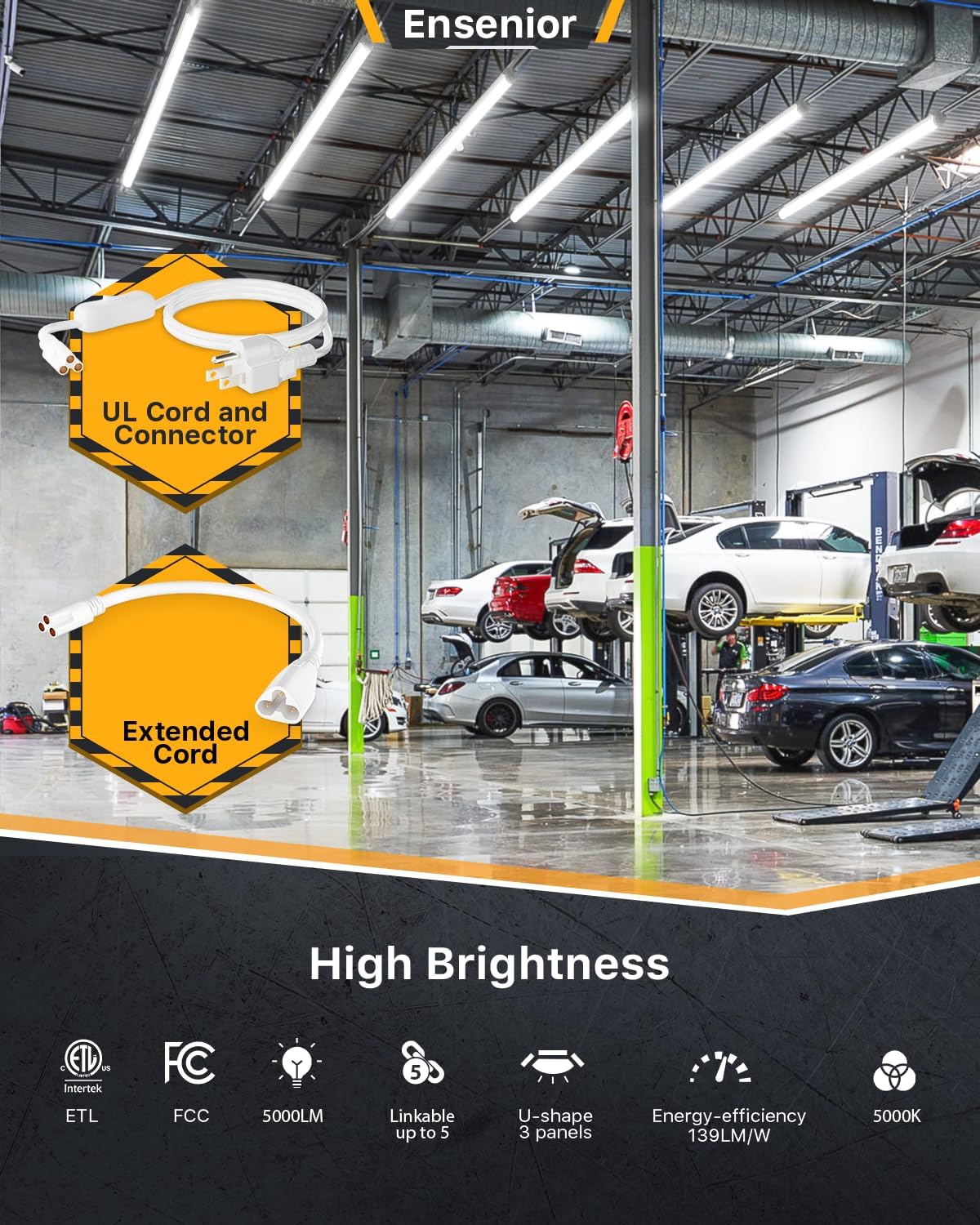 Ensenior 10 Pack 4 FT Led Shop Lights, 5000K Daylight, 5000LM Super Bright, 36W Equivalency 468W, Commercial Bay Lighting, U-Shaped Linkable Shop Lights Plug in for Garage, Workshop, FCC Certified