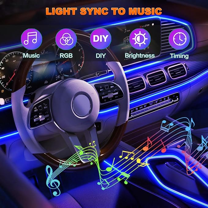 Jushope Car LED Lights, Interior Car Lights with Wireless APP/RF Remote/Button Control, Car Ambient Lighting Kit with 315" Integrated Molding Fiber Optic RGB Sync to Music (6 in 1-USB)