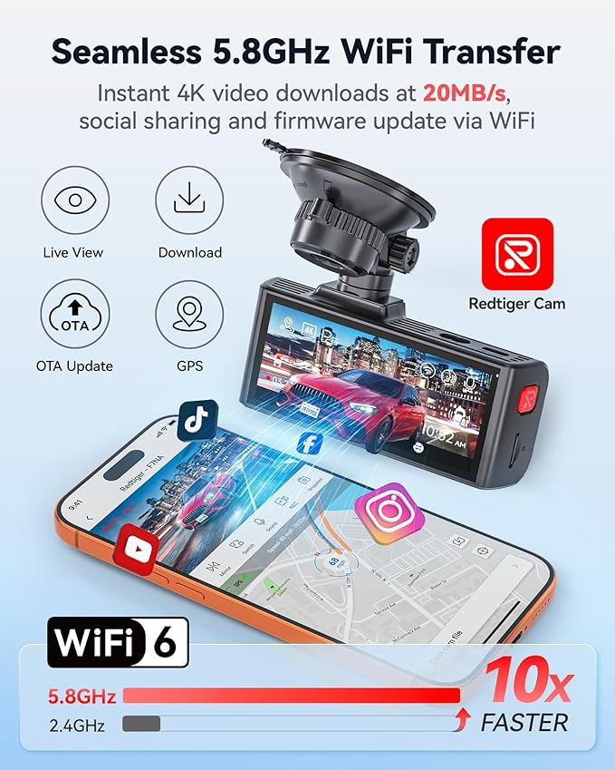 REDTIGER F7NA 4K Dual Dash Cam, STARVIS 2 IMX678, 8MP, 5GHz WiFi (20MB/s Fast Download), 4K Front 1080P Rear, GPS, Voice Control, WDR, HDR Night Vision, 24H Parking Mode, Support 512GB Max(No SD Card)