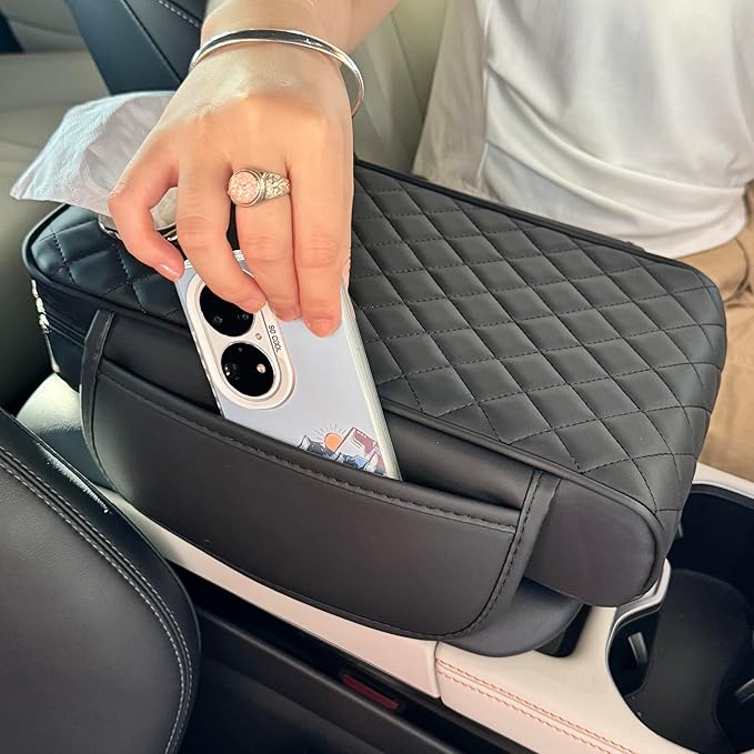 Upgraded Multi-Functional Car Center Console Cover, PU Leather Armrest Pad Cushion with Memory Foam Cushion, 2 Storage Pockets, Tissue Box Hole for Sedan Vehicles, 7 Colors (Black)