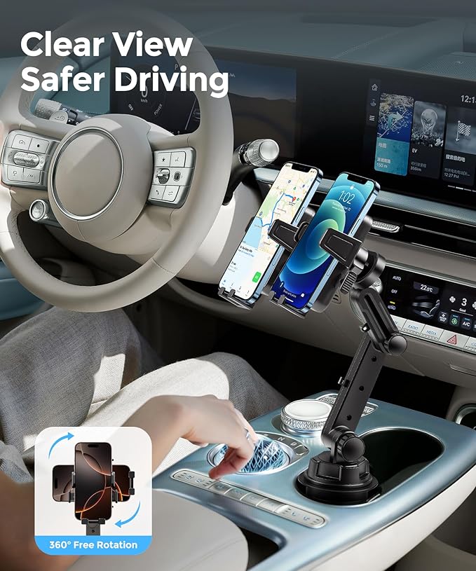 Dual Cup Phone Holder for Car, Cup Mount, Holds 2 Phones Simultaneously, Universal Must-Have Car Mount, Fits iPhone/Samsung/Motorola/Google/LG/TCL & 4.0-7.0 Inch Smartphones