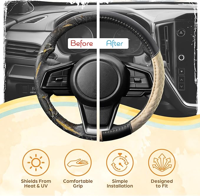 BDK C&C California Car Steering Wheel Cover Beige Diamond Quilt, Non Slip Leather Steering Wheel Cover for Women Men, Cute Comfortable Soft Easy Installation Universal Fit (Fits 14.5"-15.5" Inches)