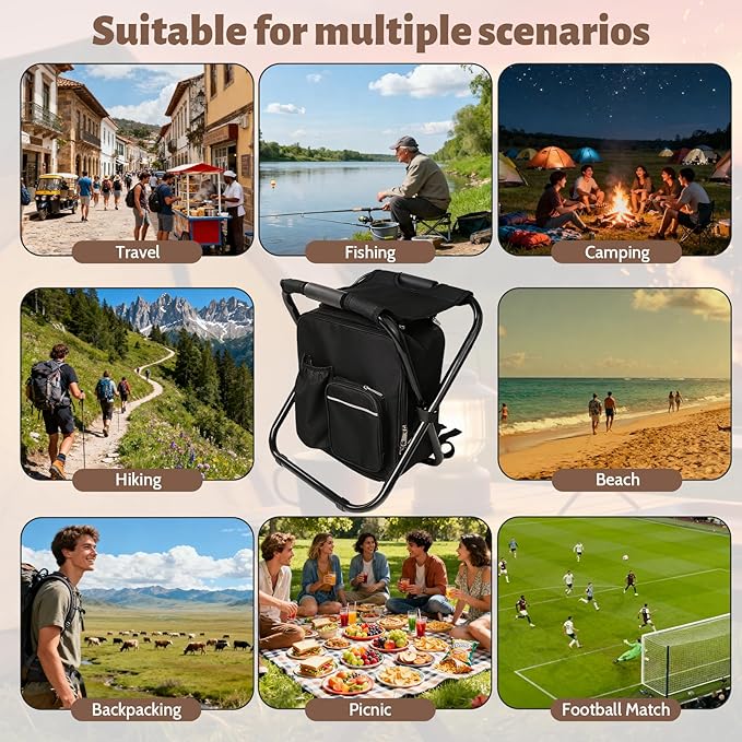 Folding Camping Chair Stool Backpack with Cooler Insulated Picnic Bag, Portable Hunting Fishing Multifunction Chair for Outdoors Hiking Hunting Travel (Black)