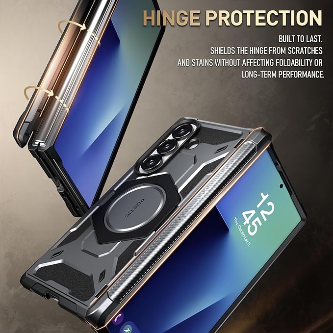 Poetic Spartan for Samsung Galaxy Z Fold 7 Case, [Hinge Protection][Magnetic Ring Adjustable Stand][Built-in Screen Protector][Compatible with MagSafe] Full-Body Rugged Phone Case, Metallic Gun Metal