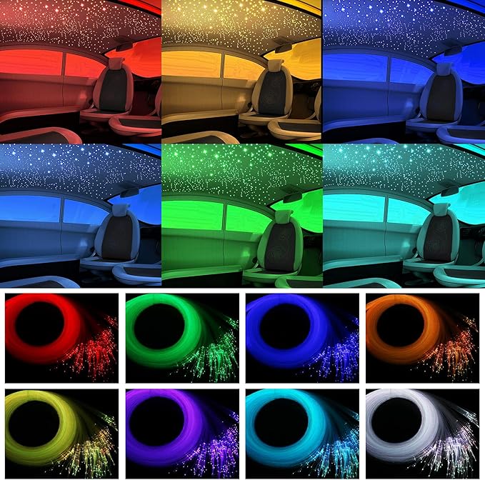 AMKI 16W Fiber Optic Lights,Starlight Headliner Light Kit APP/Remote Control Sound Activated Mode for Car&Home Decoration,Optical Fiber Cable Strands (0.75mm+1mm+1.5mm) 9.8ft/3m Long 415pcs