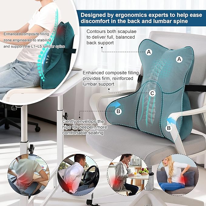 Lumbar Support Pillow (Pat. Pend) for Car Seat, Office Chair, Couch & Recliner, Ergonomic Back Support for Chair, Lower Back Pain Relief, with Adjustable Strap to Stay in Place, Slate Blue