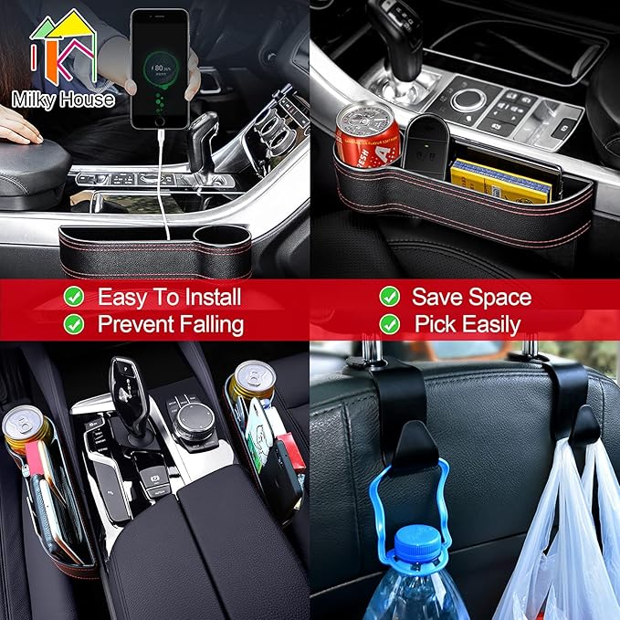 2 Set Car Seat Gap Organizer, Car Gap Filler Storage Boxes, PU Leather Front Seat Console Side Pocket Bags with Cup Holder 4 Hooks, Automotive Storage Box for Phone, Drinks, Cards, Sunglasses, Black