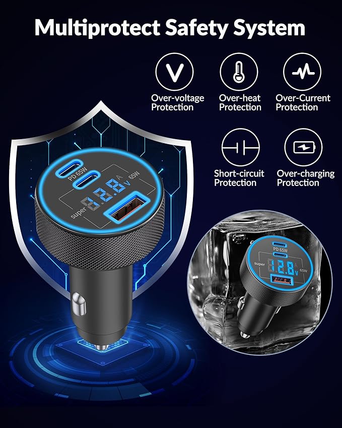 USB C Car Charger, 3-Port 130W Type C Super Fast Charging Car Phone Charger Adapter Accessories with Voltage Display Cigarette Lighter for iPhone 17/16/15/14/13/12, iPad, Galaxy S26/S25/S24, Android