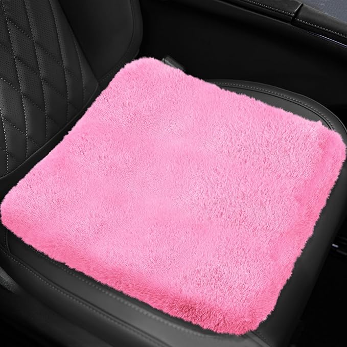 wuyaoyao Sheepskin Car Seat Cushion, Soft Comfort Fur Wool Car Seat Covers, Winter Warm Auto Front Seat Cushion Pad, Fuzzy Seat Bottom Protector Universal for Vehicle Office Chair (Pink)