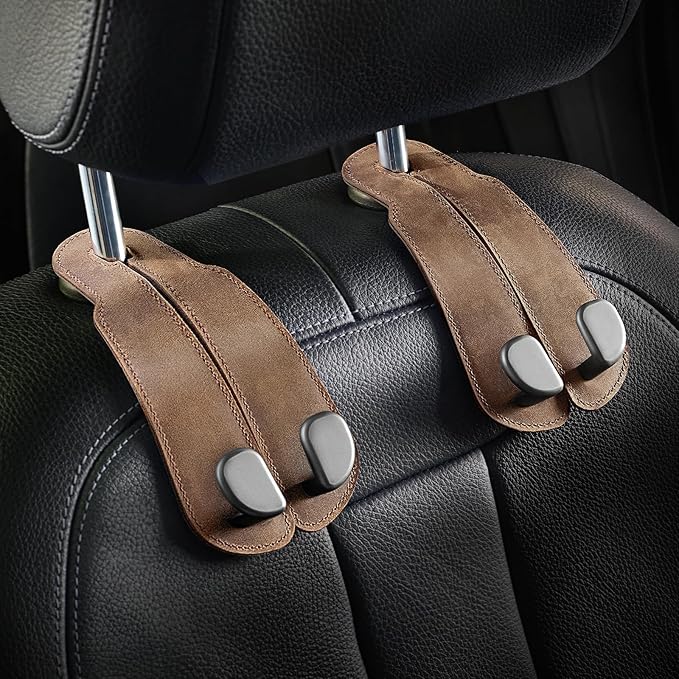 CoBak Genuine Leather Purse Hook for Car - Universal Premium Stitched Leather and Aluminum-Magnesium Alloy Double Car Seat Back Storage Hook for Purses, Handbags, Bags (2 Pack),Leather Brown
