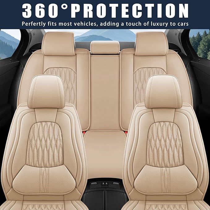 WELLDO Car Seat Covers Full Set, Leather Seat Covers for Car, Waterproof Car Seat Protector with Lumbar Support, Automotive Seat Covers Universal Fit for Most Cars SUV Truck, Beige-White