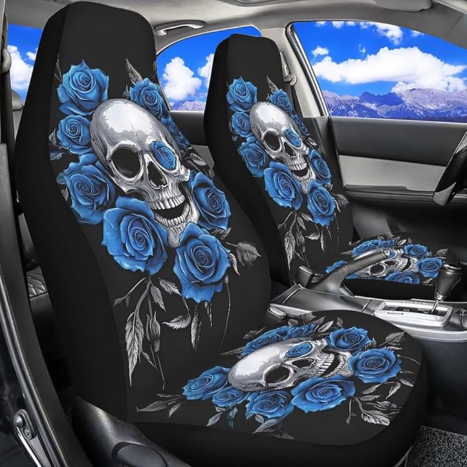 Skull Blue Rose Car Seat Covers Anti Slip Car Seat Covers Front Seats Only Easy to Install and Clean Removable Automotive Accessories Universal Fit for Most Vehicle