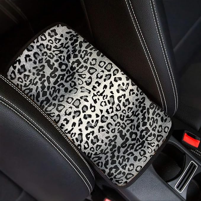 Dreaweet Grey Leopard Printed Universal Auto Center Console Lid Pad, Soft Comfy Car Armrest Seat Box Protector Fit for Most Standard Size Vehicle Interior Accessories