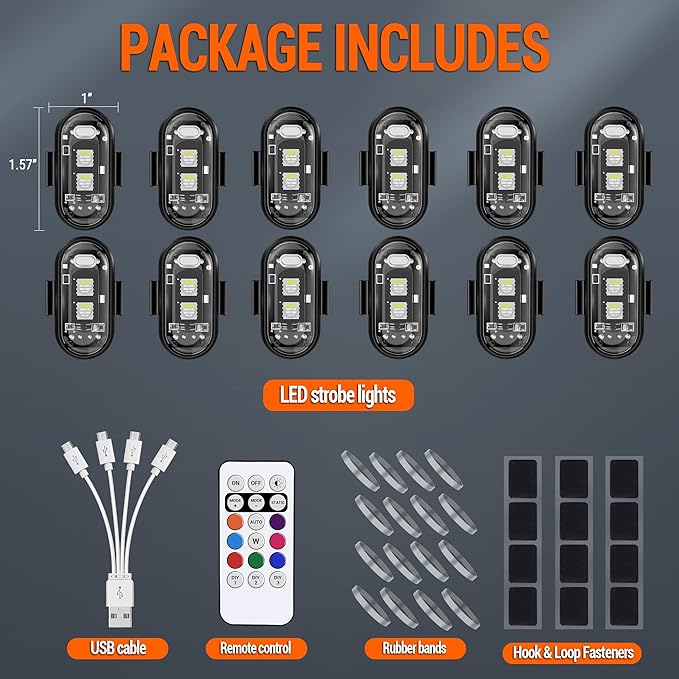 Wireless LED Strobe Lights Remote Control, 8 Colors USB Charing Waterproof Anti-Collision Flashing Emergency Warning Lights for Car Motorcycle Drone Aircraft Bike 12PCS