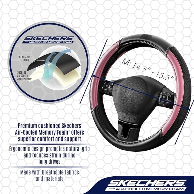 Skechers Air-Cooled Steering Wheel Cover,Leather Car Steering Wheel Cover Universal Fit 14" 1/2-15" Car Wheel Protector for Men Women Fit Suvs,Vans,Sedans,Car,Trucks,Pink