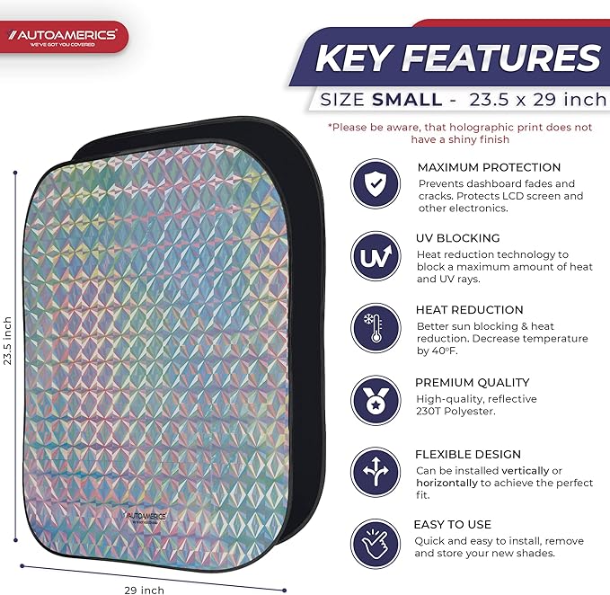 Autoamerics 2-Piece Windshield Sun Shade - Holographic Foldable Car Front Window Sunshade for Most Cars SUV Truck - Heat Blocker Visor Protector Blocks Max UV Rays and Keeps Your Vehicle Cool - Small
