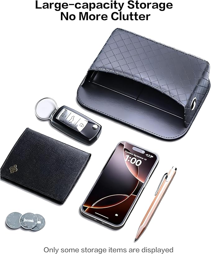 Self-Adhesive Car Seat Side Pocket Organizer with Cable Port - Black PU Leather Storage Pouch for Phone & Keys, Fits Gaps, Console & Door （Glossy Black）