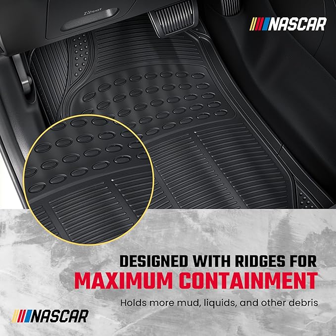 NASCAR Premium Car Floor Mats - 4-Piece Set | Heavy Duty All-Weather Rubber | Universal Trim-to-Fit for Cars, Trucks & SUVs | Traps Dirt, Snow & Water | Black Floor Mats