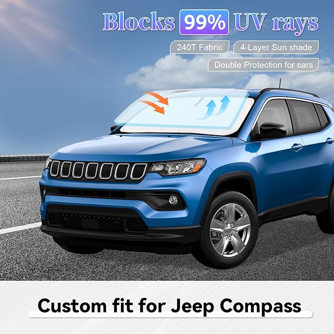 Sun Shade Sunshade for Jeep Compass 2017-2025 Windshield Cover, 4-Layer Front Window Shade Custom fit Compass Sun Visor 240T Retractable Shield Shade Blocks UV Rays Cooler Car Accessories