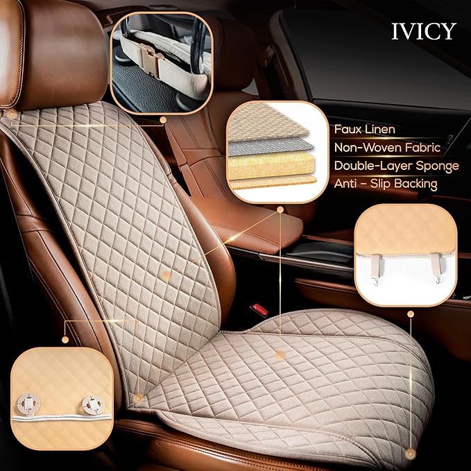 IVICY Faux Linen Front Car Seat Cover – Durable, Non-Slip Seat Protector for Cars – 1 Unit, Light Beige