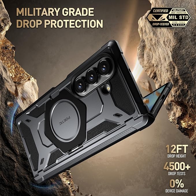 Poetic Spartan for Samsung Galaxy Z Fold 7 Case, [Hinge Protection][Magnetic Ring Adjustable Stand][Built-in Screen Protector][Compatible with MagSafe] Full-Body Rugged Phone Case, Metallic Gun Metal