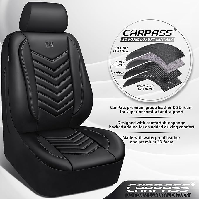 CAR PASS 3D Foam Faux Leather Car Seat Covers Front Seats,Waterproof Leather Front Seat Cover for Cars,Luxury Universal Fit for SUV Truck Sedan Automotive, Armrest Airbag Compatible Anti-Slip, Black