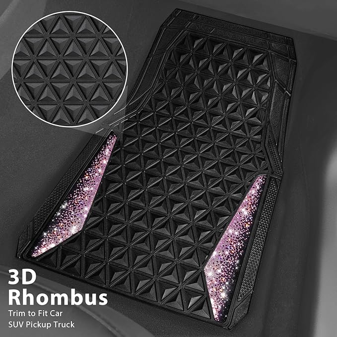 CAR PASS Bling Rubber Car Mats Diamond Floor Mats Full Set Anti-Slip 3D Rhombus Waterproof Universal Trim to Fit Liner Glitter Crystal Sparkly Shining Rhinestone Girl Women SUV Sedan Van, Black Pink