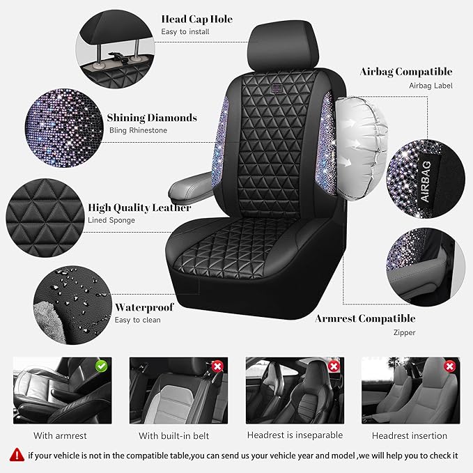 CAR PASS Bling Diamond Black Leather Car Seat Covers Full Set Interior Sets, Waterproof Shining Glitter Sparkly Crystal Armrest Fit Automotive Truck SUV Cute Women Girl, Bedazzed Iridescent Rhinestone