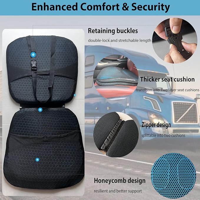Semi Truck Seat Cushion with Lumbar Support - 2-Pieces Foldable & Separable for Truck Drivers - Pressure Relief & Enhanced Comfort - Heavy Duty Adjustable Car Seat Back Cushion for Men & Women