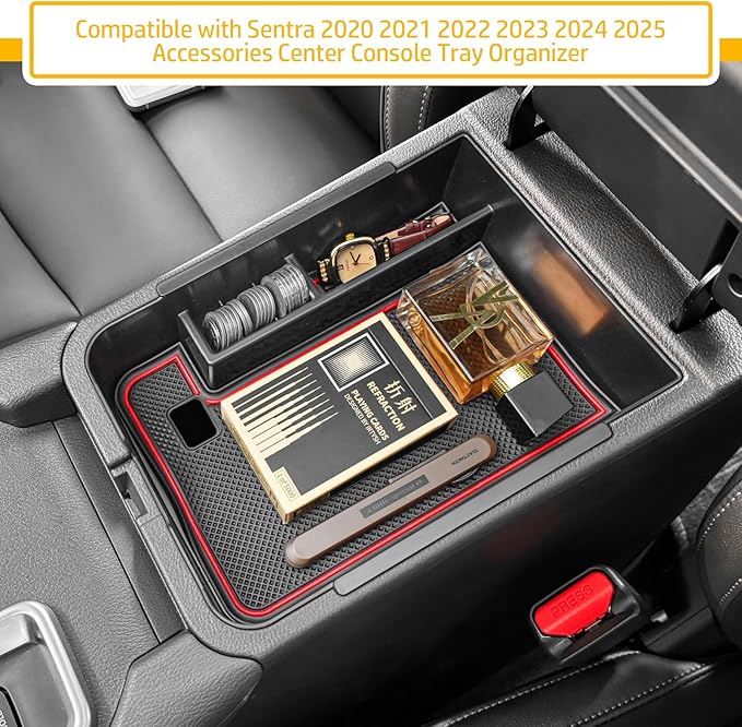 Center Console Organizer Tray Compatible with Nissan Sentra 2020 2021 2022 2023 2024 2025 Accessories, Middle Console Organizer for 2020-2025 Sentra Armrest Storage Box Coin Holder, red trim