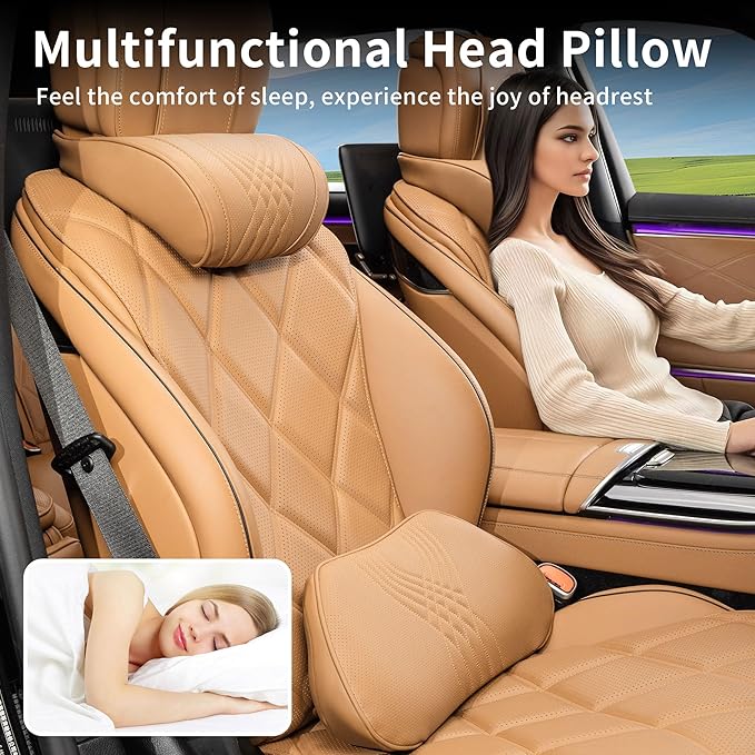 Lumbar Support Pillow for Car Seat, Office Chair Nappa Leather Memory Foam Lower Back Cushion for Back Pain Relief Improve Posture, Ergonomic Back Rest for Gaming Chair, Palomino, 1PC