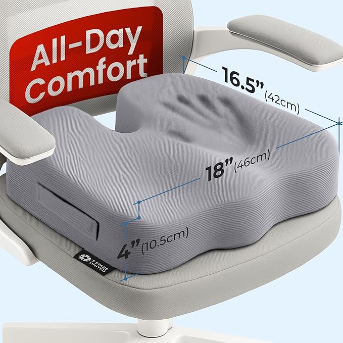 5 STARS UNITED Seat Cushion - Memory Foam Chair Cushion for Tailbone Pain Relief - Ergonomic Support for Coccyx, Sciatica & Butt - Office, Desk & Gaming Chair, Car Seat, Wheelchair, Light Gray