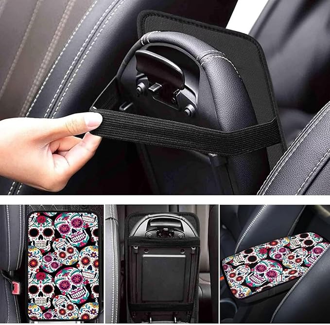 Dreaweet Sugar Skull Center Console Armrest Pad Cover Halloween Car Accessories Soft Comfort Arm Rest Cover Pad Universal Middle Console Covers for Cars SUV Truck Sedan